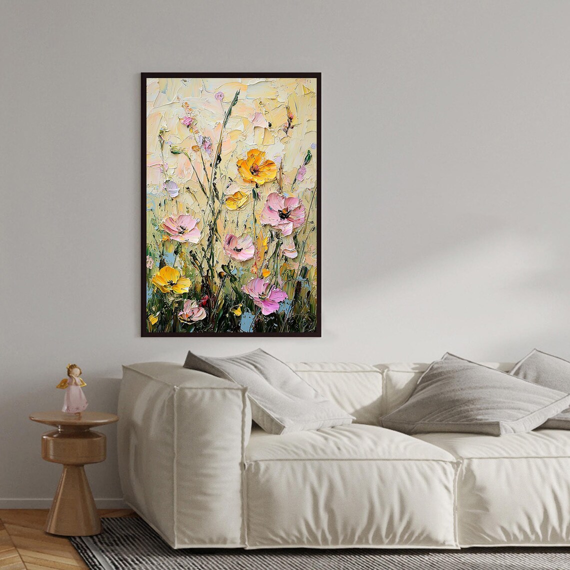 Pink Yellow Poppy Blooms Standing Tall on Cream Impasto Wall Art - Image 3