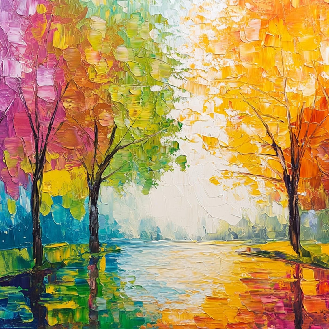 Rainbow Trees Avenue with Reflecting Path Colorful Landscape Wall Art - Image 5