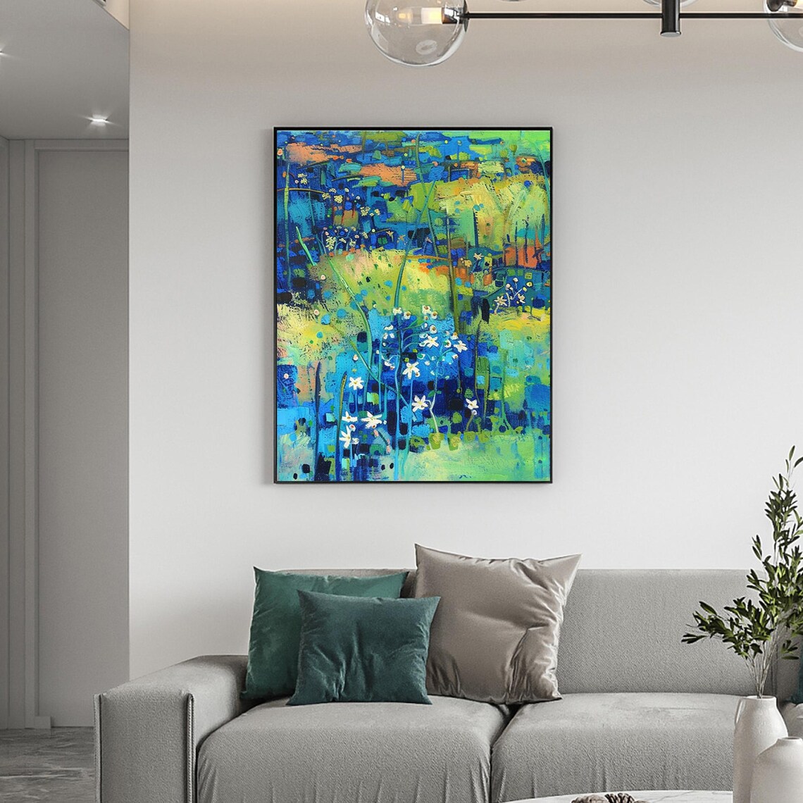 Blue and Green Abstract Wildflower Meadow Oil Painting Poster - Image 4