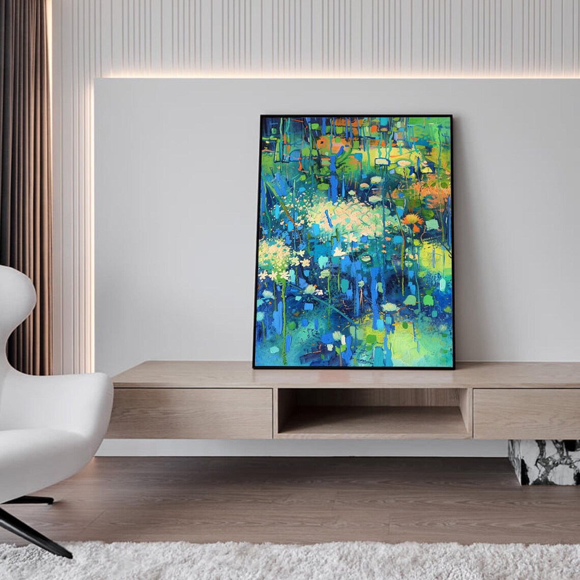 Emerald Green Wildflower Meadow Abstract Oil Painting Poster - Image 2
