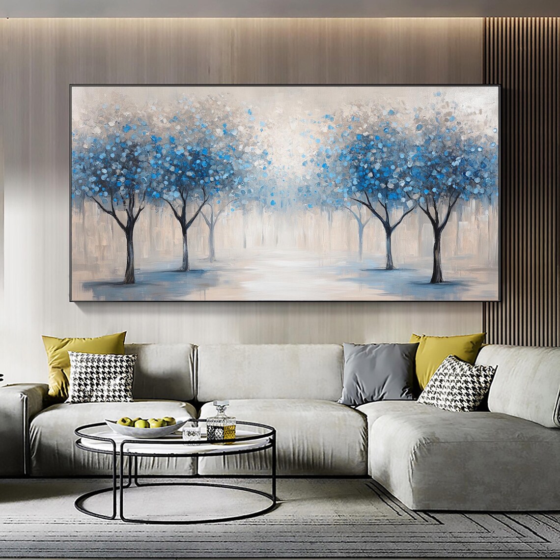 Original Blue Forest Oil Painting Large Tree Wall Art Decor Natural Landscape Painting Custom Modern Wall Art Living Room Decor - Image 3