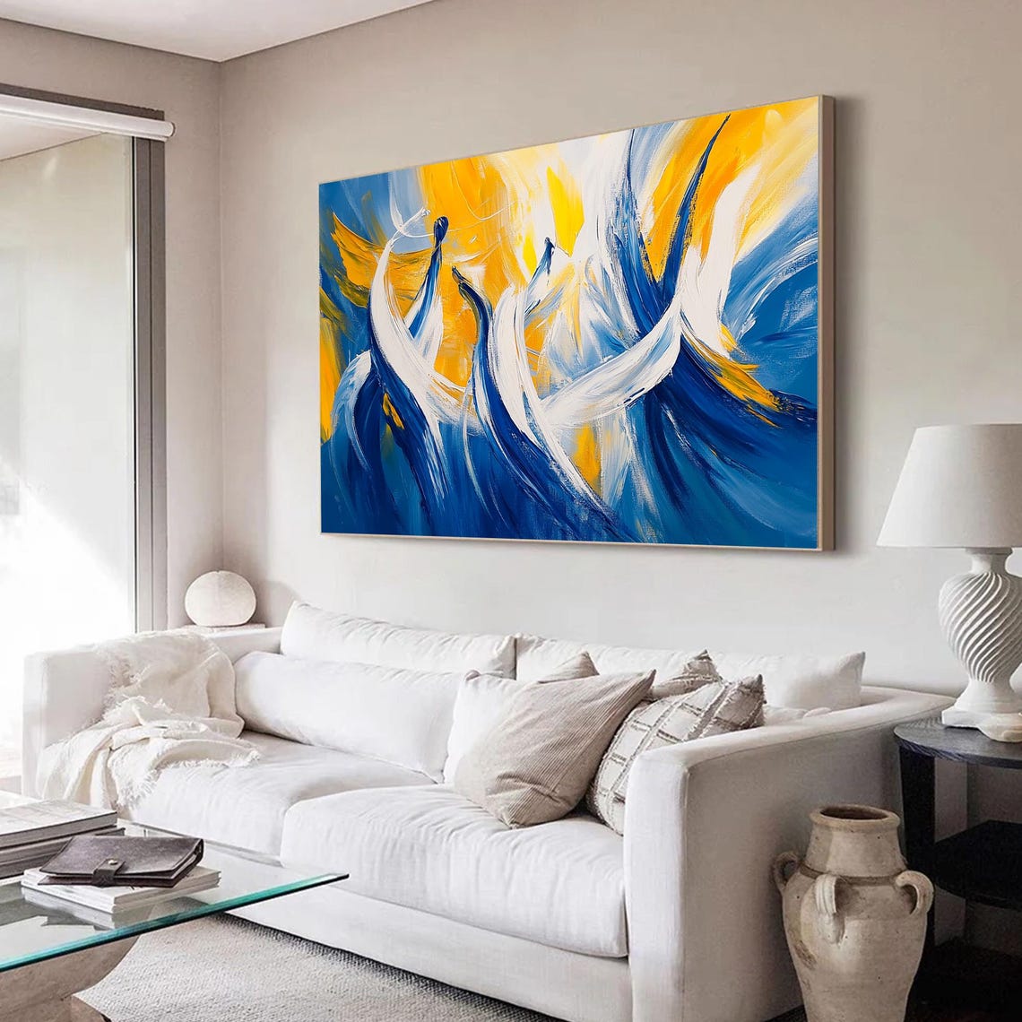 Blue White Gold Swirl Abstract in Dynamic Motion Painting Wall Art - Image 4