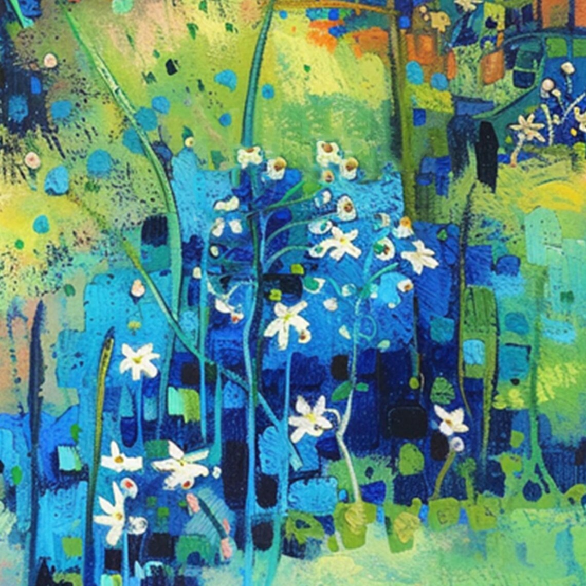 Blue and Green Abstract Wildflower Meadow Oil Painting Poster - Image 3