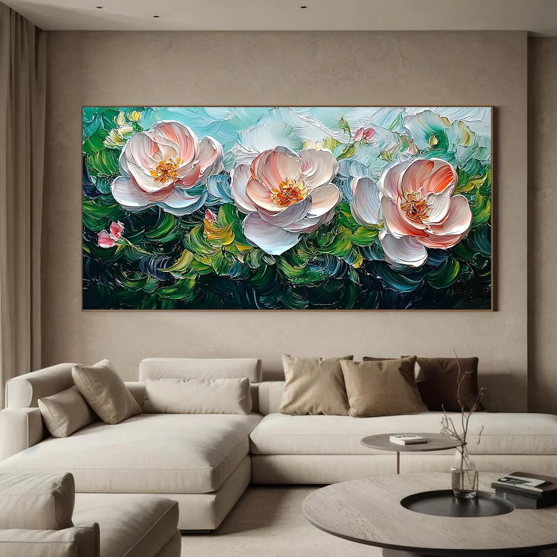 White Pink Peony Trio Blooming on Green Swirl Floral Wall Art - Image 2