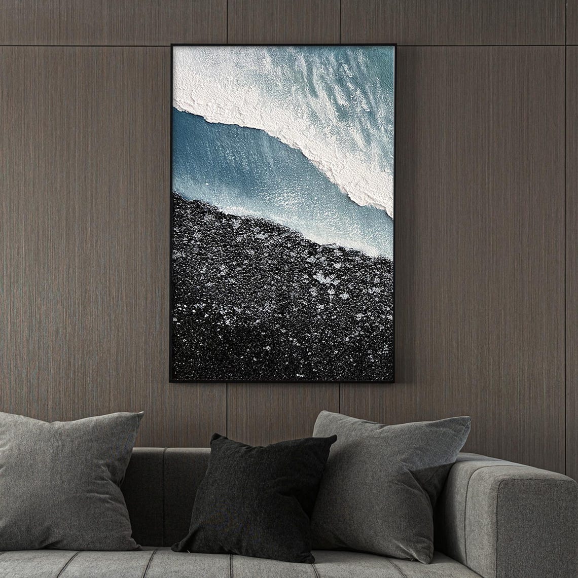 Blue Ocean Wave Foam Aerial View on Black Pebble Beach Poster - Image 2