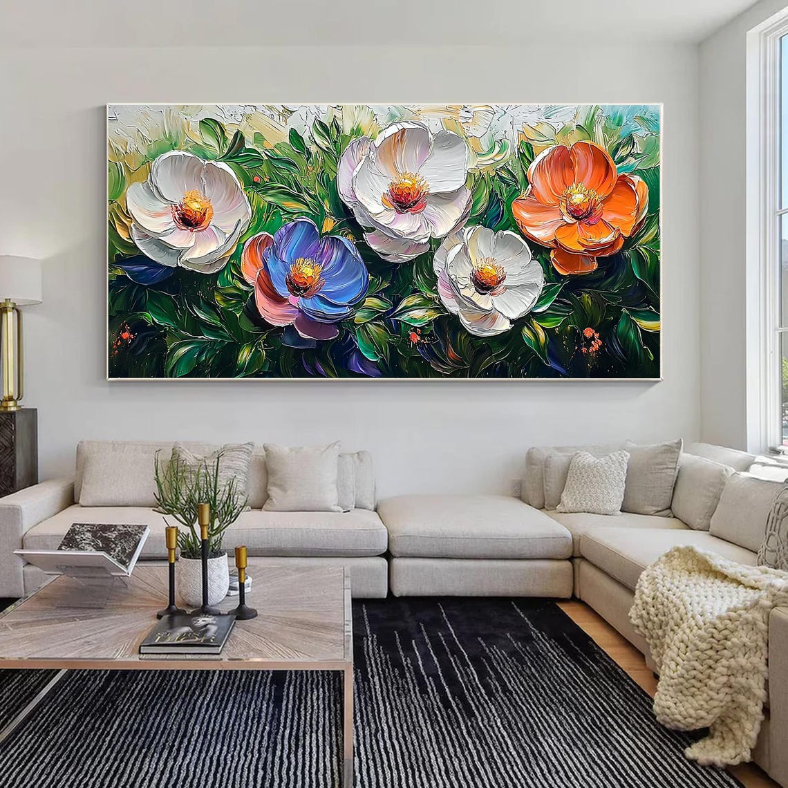 Multicolor Bloom Flowers Standing Over Dark Green Leaves Wall Art - Image 5