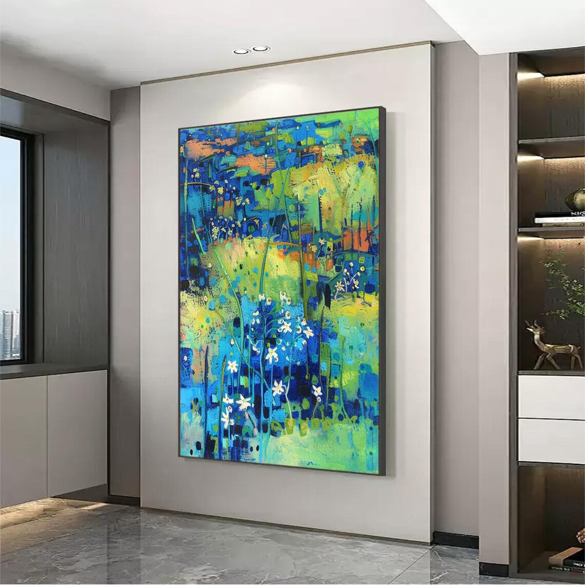 Blue and Green Abstract Wildflower Meadow Oil Painting Poster - Image 2