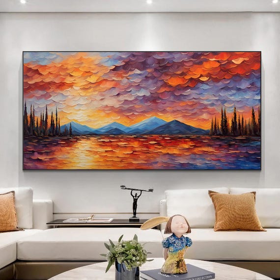 Abstract Lakeside Landscape Oil Painting On Large Original Valley Sunset Wall Art Custom Natural Scenery Painting Living Room Decor