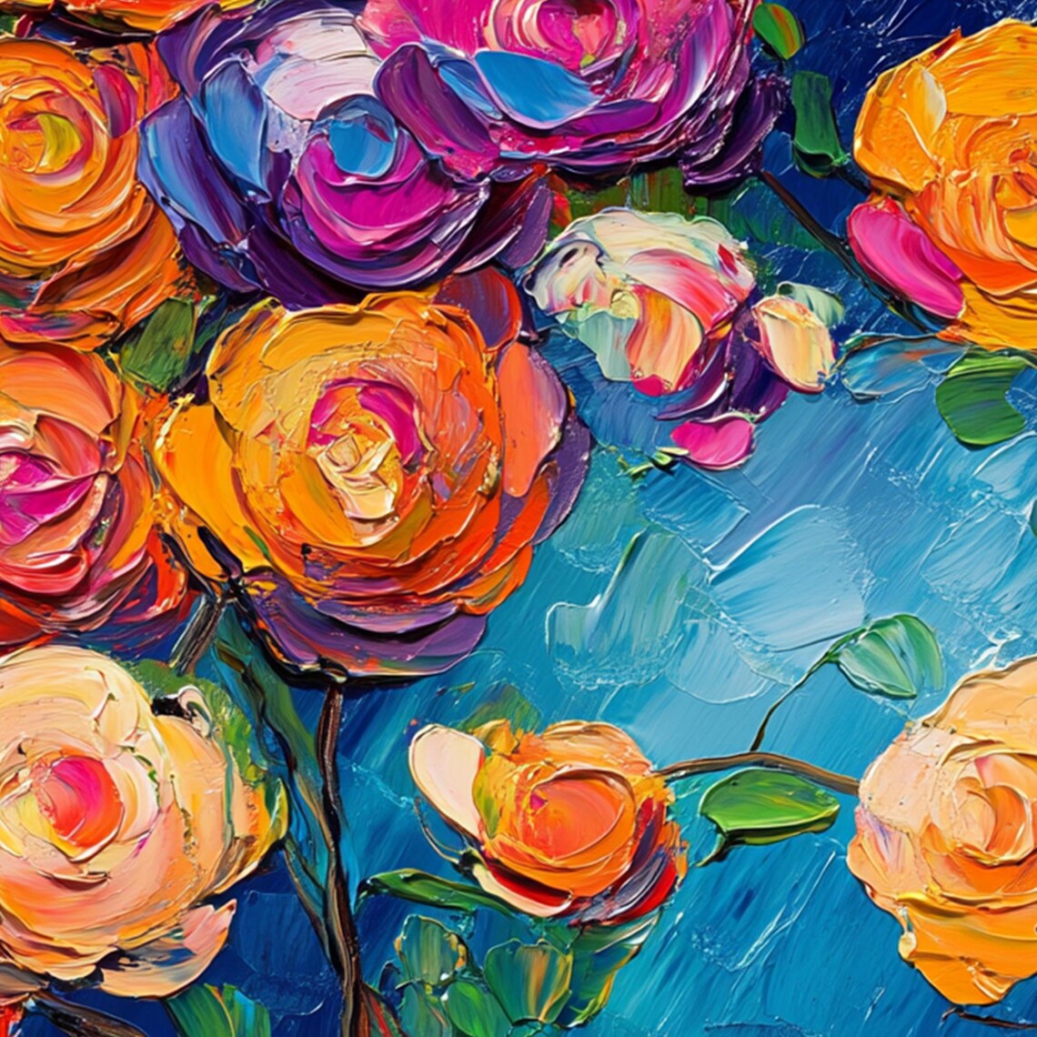 Colorful Sculpted Rose Blooms Bouquet on Deep Blue Floral Wall Art - Image 5