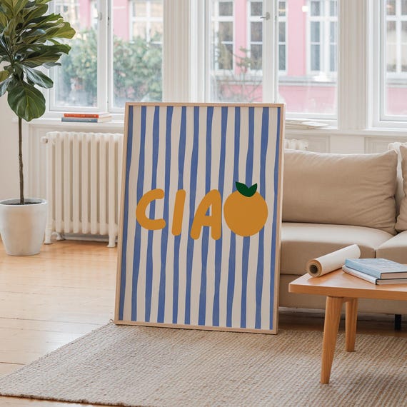 Ciao Striped Print Blue Orange Fruit Wall Art Cute Poster Italian Saying Bella Vintage Retro Italy Travel Gallery