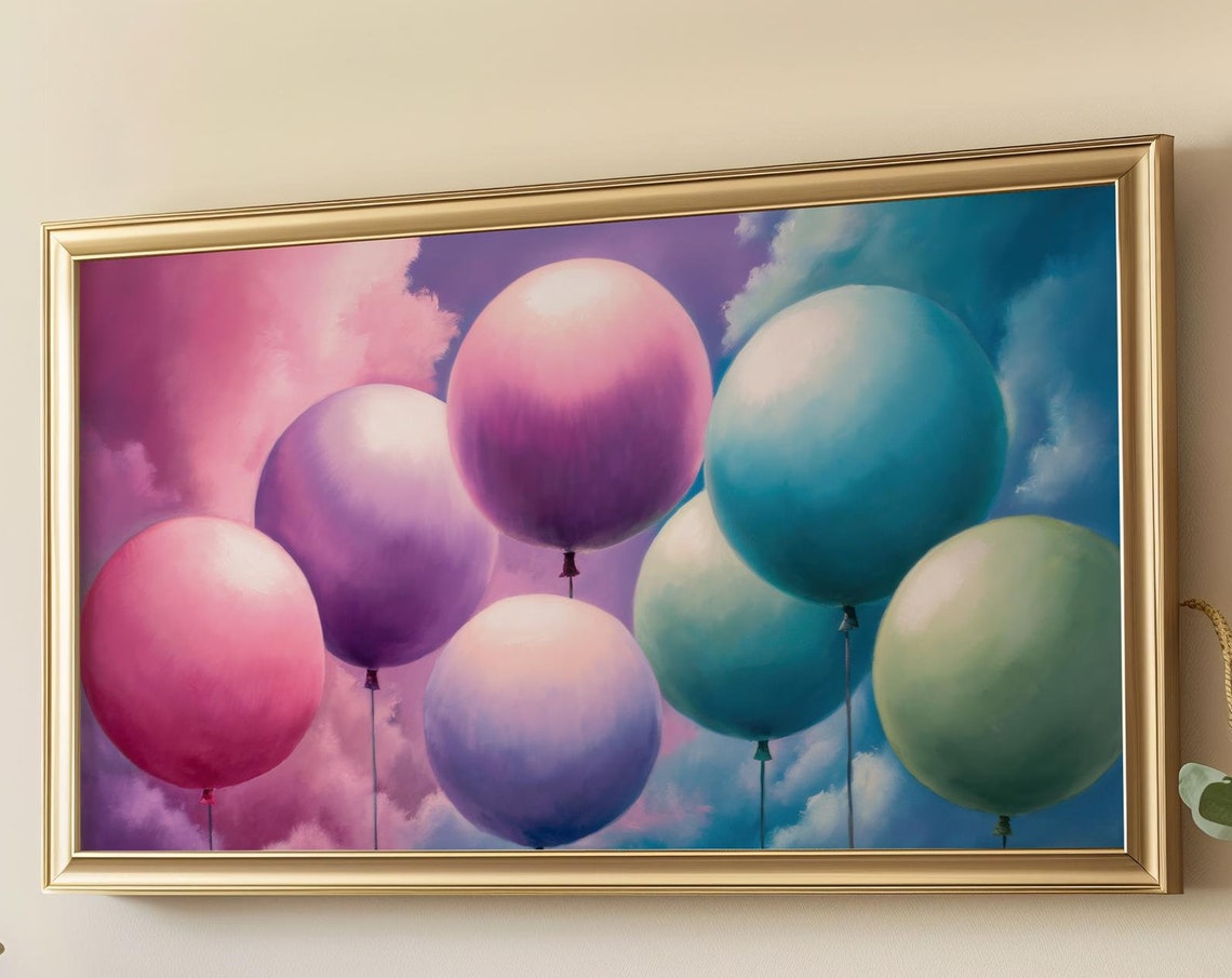 Frame Tv Art Birthday Party Decor Pastel Balloons Painting Baby Shower Frame Art Tv Bday Tv Picture Whimsical Pop Art Tv Screen