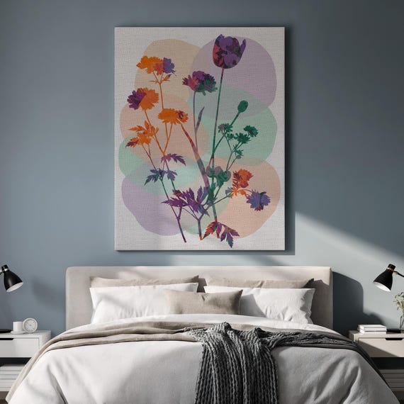 Colorful Botanical Kitchen Wall Art Abstract Floral Canvas With Overlapping Shapes Framed Natureinspired Gift For Modern Interiors