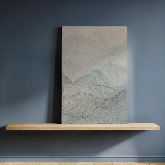 Framed Minimalist Mountain Line Art Canvas Serene Landscape Drawing In Soft Gray And Blue Calming Gift For Modern Zen Inspired Interiors