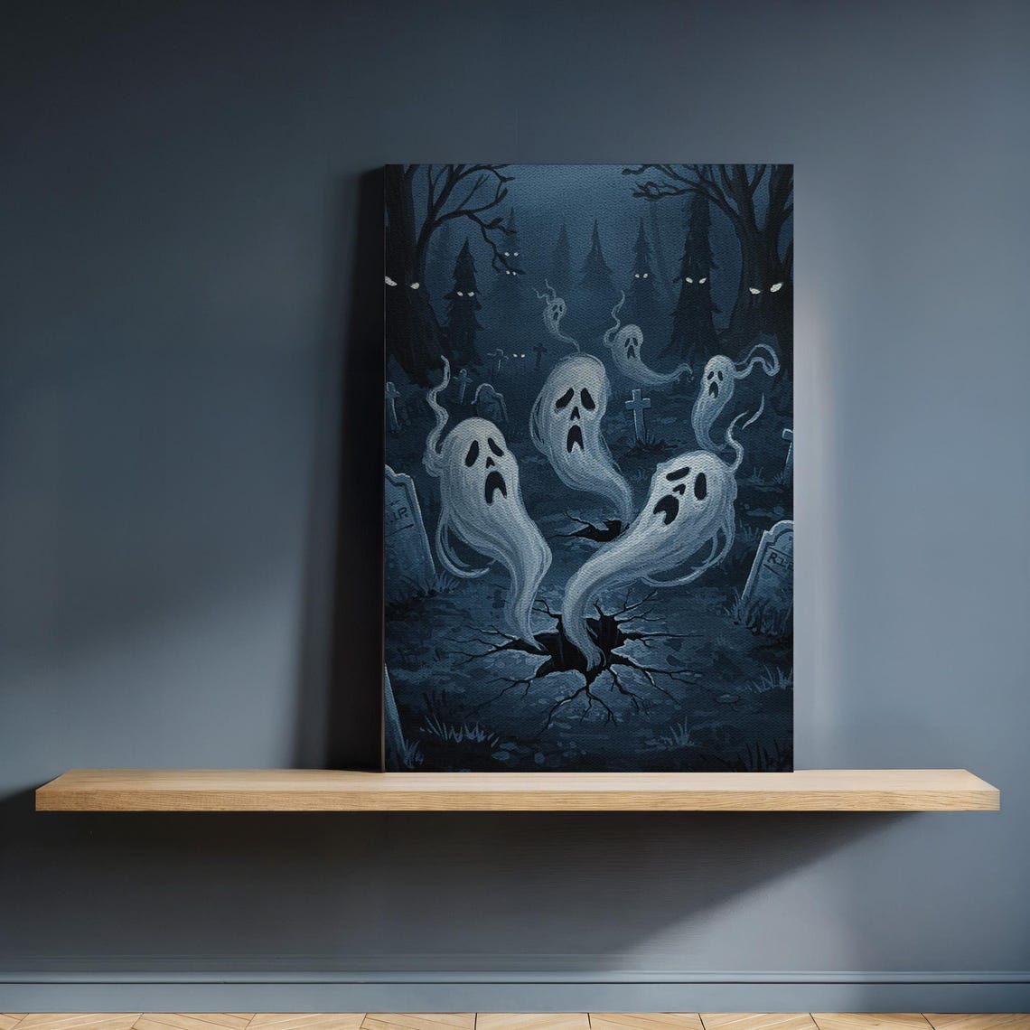 Haunted Graveyard Ghosts Spooky Halloween Cemetery Night Scene Poster