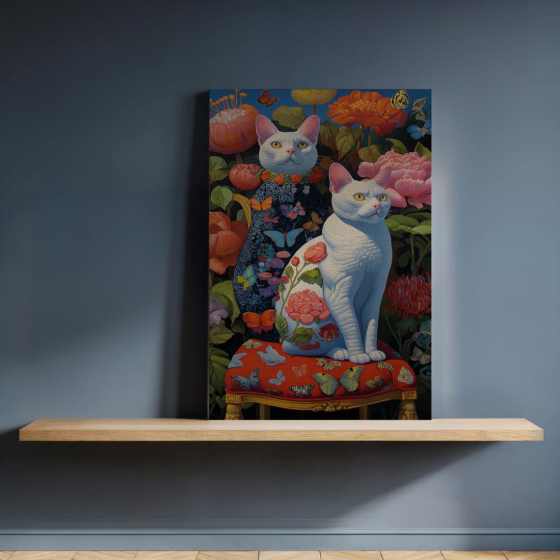 Floral White Cats Portrait Whimsical Butterfly Garden Wall Art