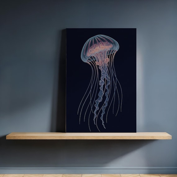 Elegant Jellyfish Line Art Dark Ocean Canvas Wall Decor Poster
