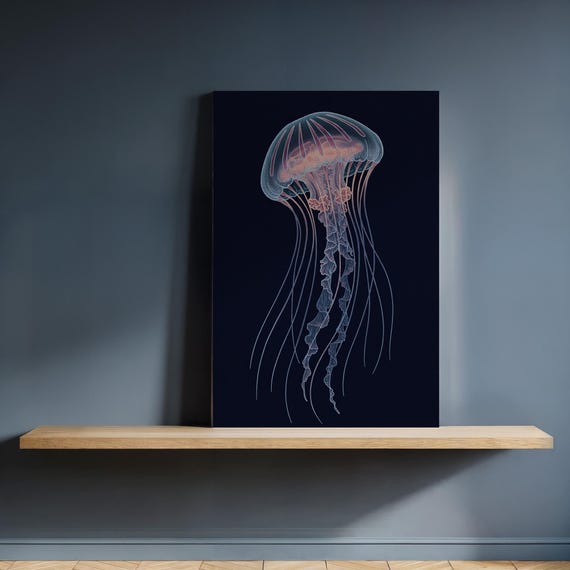 Jellyfish Ocean Line Art Canvas Elegant Deep Sea Jelly On Navy Background Framed Nautical Wall Decor For Coastal Boho Or Modern Homes