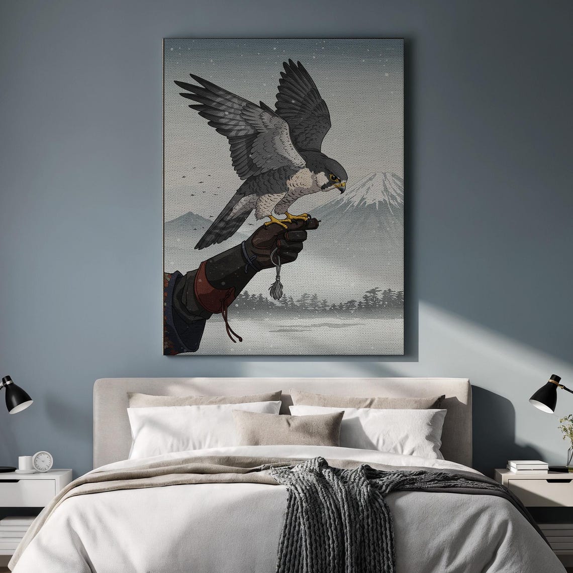Japanese Falconry Falcon on Glove Winter Mountain Scene Poster