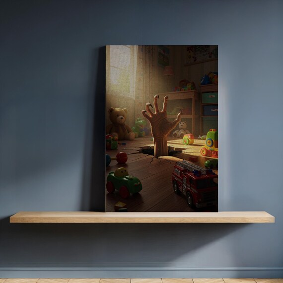 Framed Creepy Toy Room Canvas Art Horror Hand Reaching From Floor Surreal Dark Humor Wall Print For Unique Edgy Interiorsgift Her