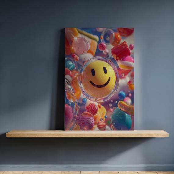 Smiley Face Candy Canvas Wall Art Playful Sweetthemed Colorful Kitchen Decor Framed Pop Print For Fun Modern Home Stylegift Her