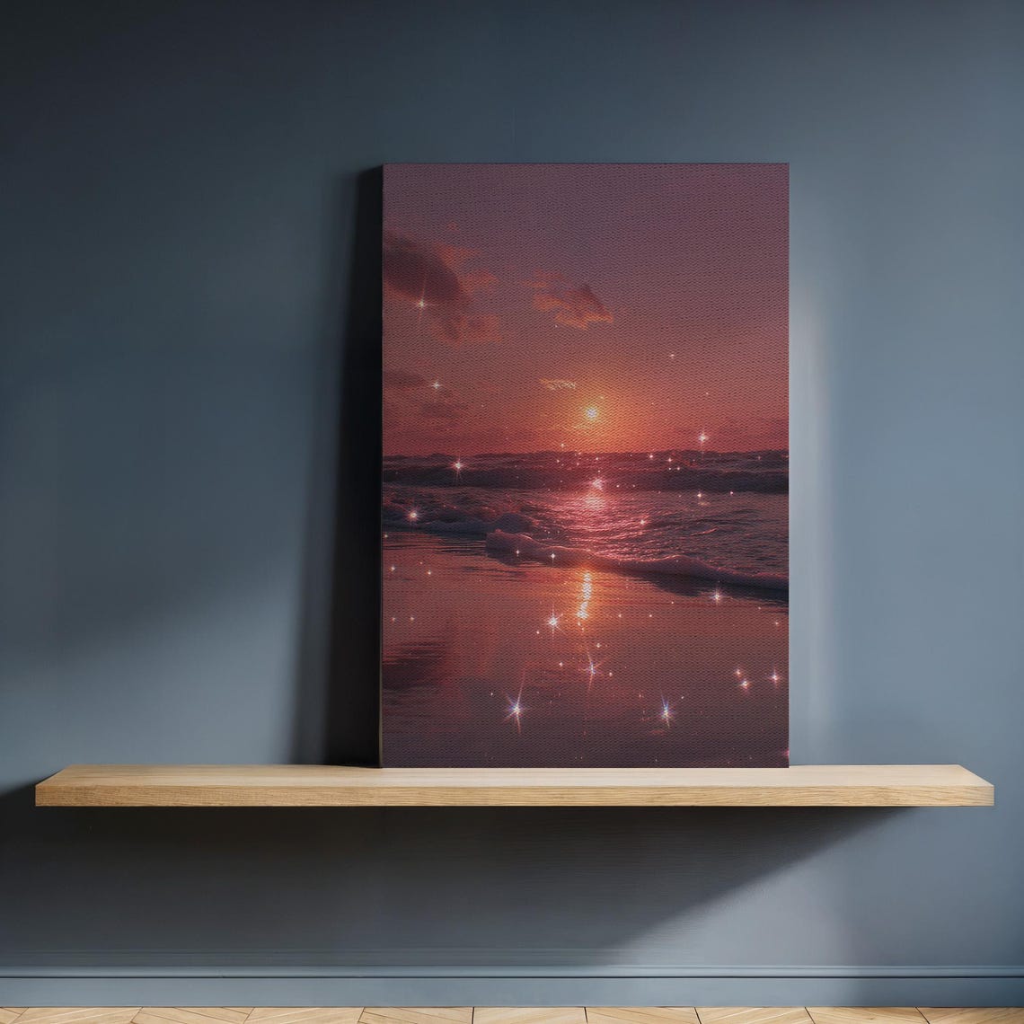 Sparkling Pink Sunset Ocean Waves Glittering Beach Scenic Poster