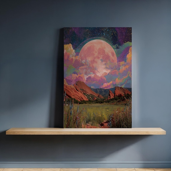 Framed Surreal Landscape Canvas Wall Art Red Rocks Under Psychedelic Sky And Moon Cosmic Nature Print For Boho Or Modern Interiors