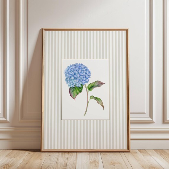Blue Hydrangea Bloom Soft Watercolor Coastal Botanical Wall Art
