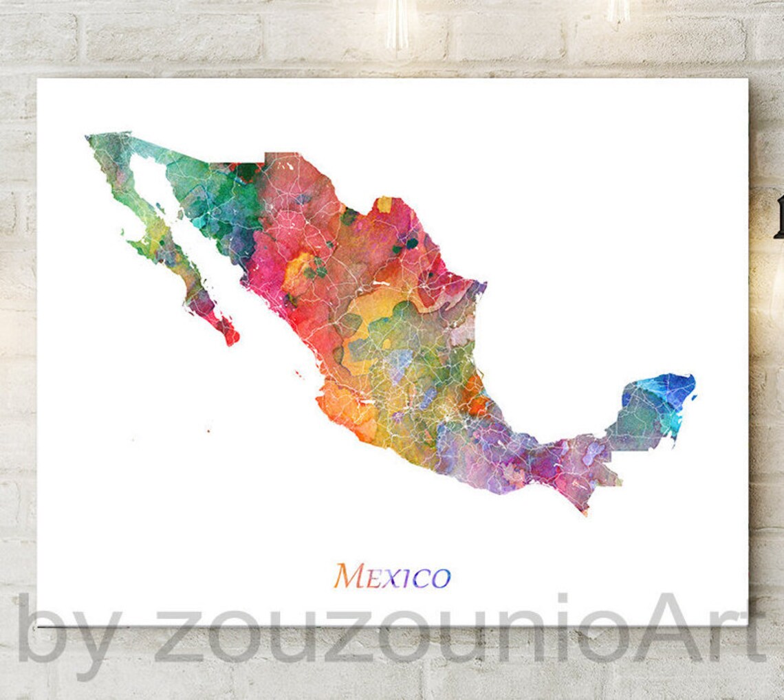 Mexico Map Watercolor Art Print, Home Office Decor