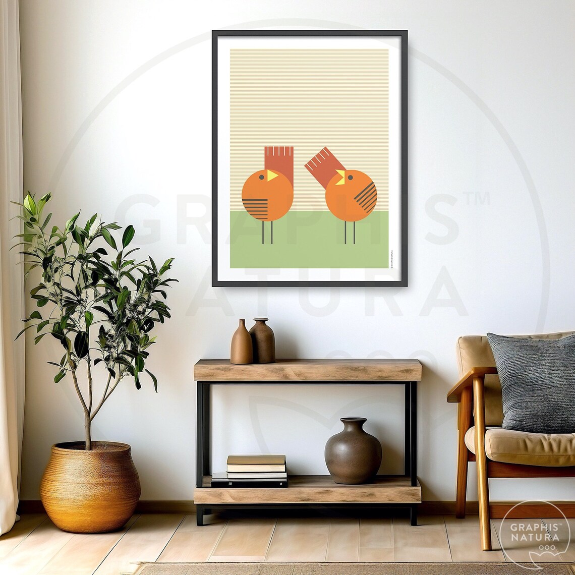 Orange Geometric Bird Duo Poster Playful Mid Century Animal Art - Image 5