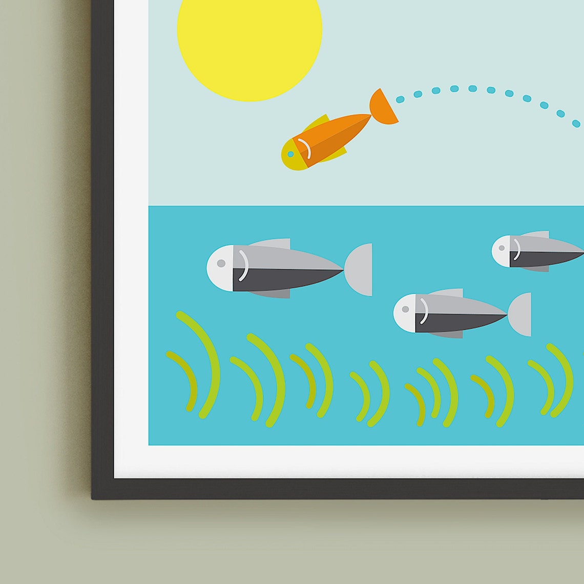 Jumping Orange Fish and Sun Over Turquoise Water Wildlife Poster - Image 4