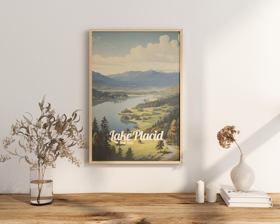 Lake Placid New York Vintage Scenic Mountain Lake Travel Poster