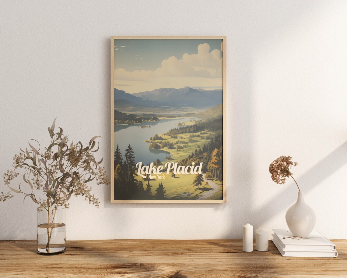Lake Placid New York Vintage Scenic Mountain Lake Travel Poster