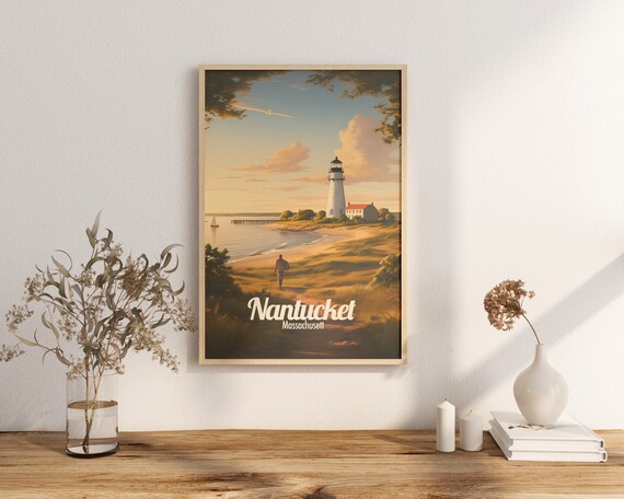 Nantucket Massachusetts Lighthouse Vintage Coastal Travel Poster