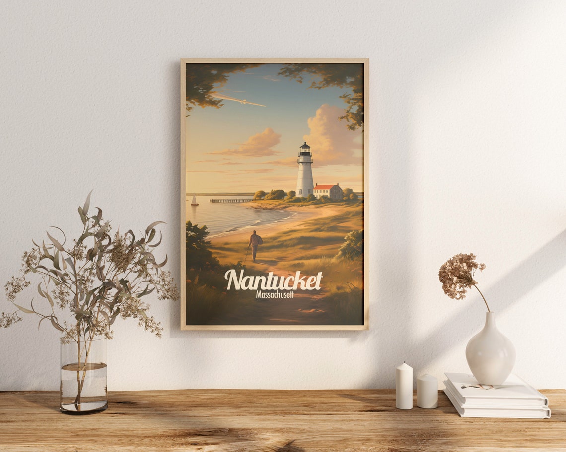 Nantucket Massachusetts Lighthouse Vintage Coastal Travel Poster