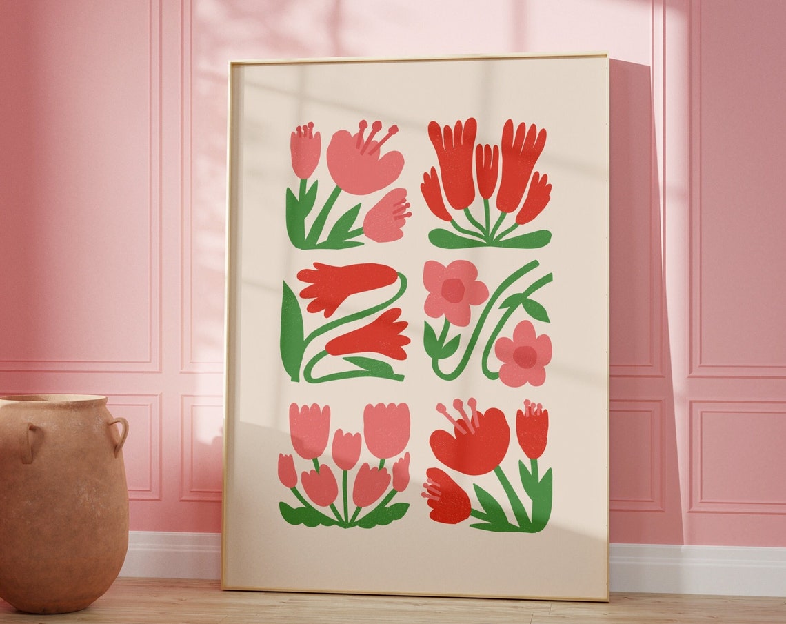 Pink Red Funky Flower Grid Danish Pastel Botanical Art Poster