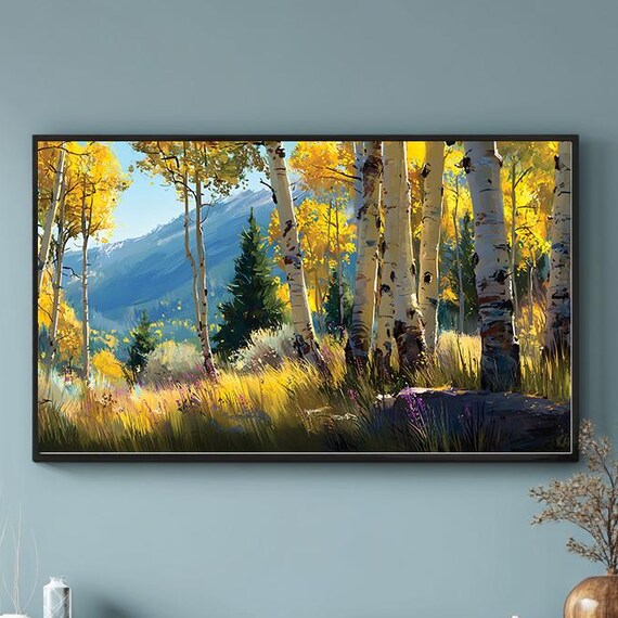 Golden Aspen Trees Autumn Mountain Landscape Painting Art Poster