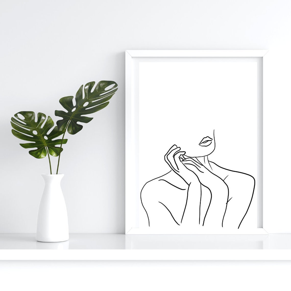 Woman Face Hand At Chin Line Drawing Minimalist Modern Art Print - Image 2
