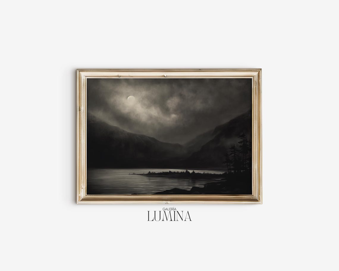 Night Sky Black And White Oil Painting Moody Dark Landscape Painting Muted Moonlight Coast Painting Art Frame Tv Art 465 - Image 2