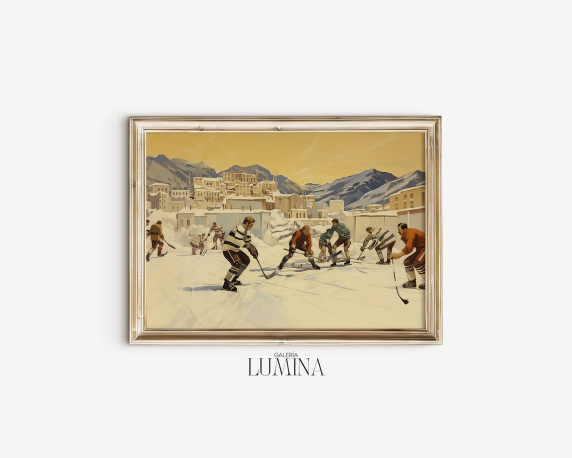 Vintage Ice Hockey Painting Winter Sports Wall Art Mountains Landscape Teen Boys Bedroom Wall Decor Art Frame Tv Art 199 - Image 2