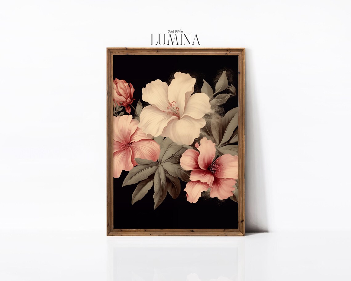 Hibiscus Flowers on Black Vintage Botanical Floral Wall Poster - Image 2