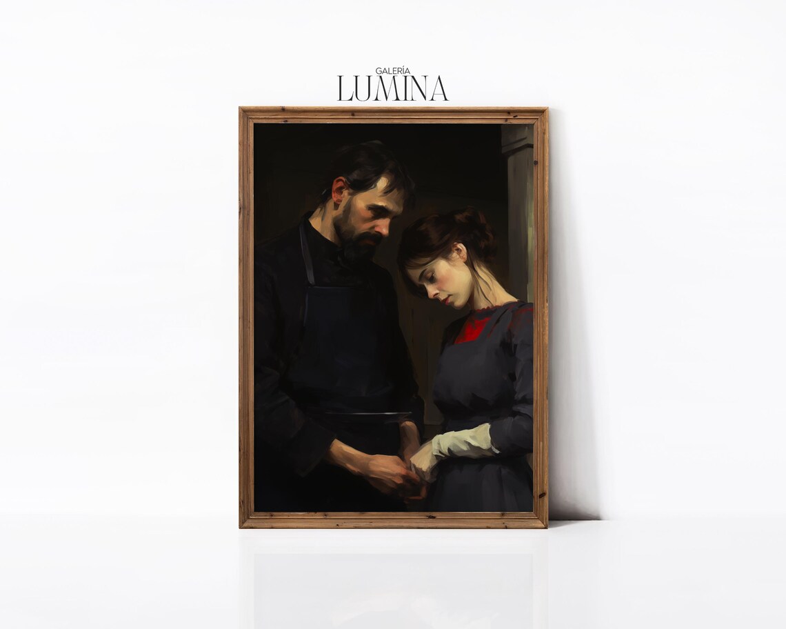 Romantic Couple Craftsman And Woman Dark Figurative Painting Poster - Image 3