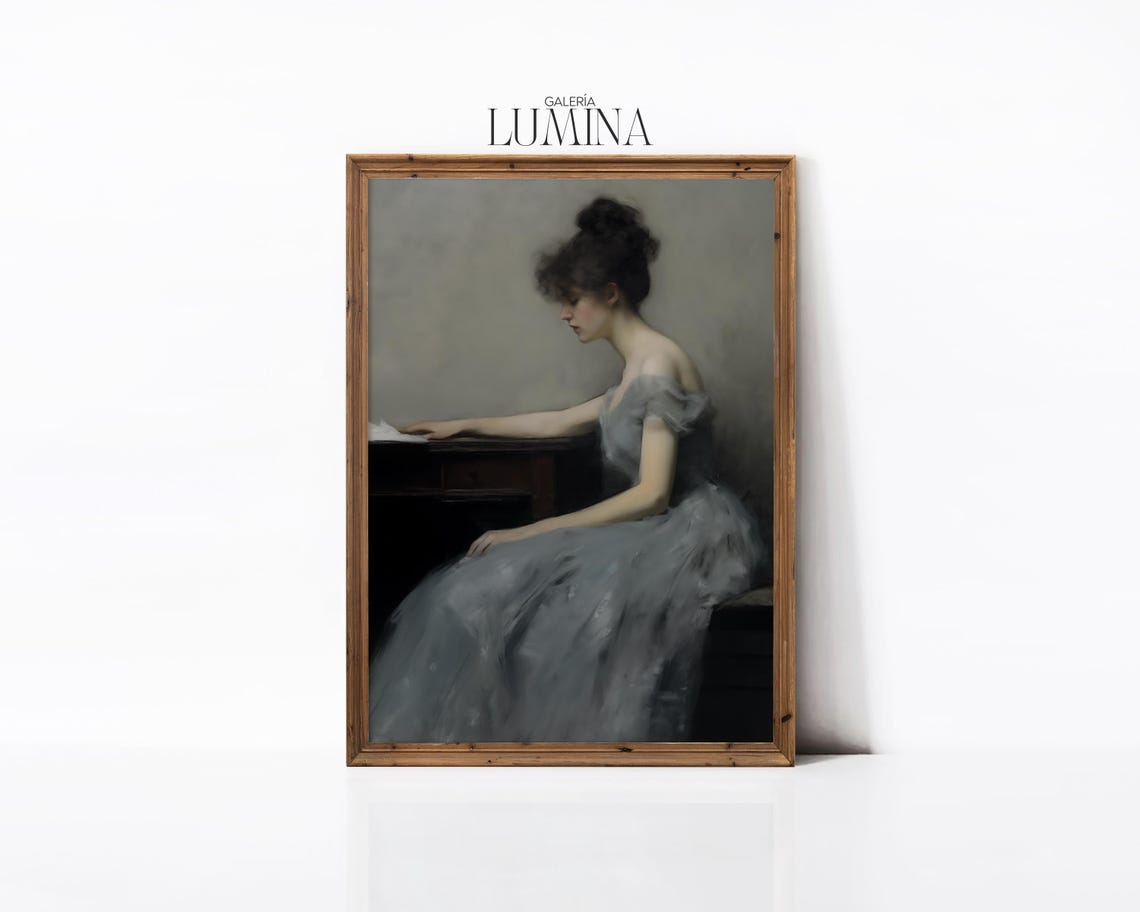 Victorian Woman Sitting Original Painting Moody Grey Tones French Portrait Painting Regency Wall Art Art Frame Tv Art 440 - Image 3