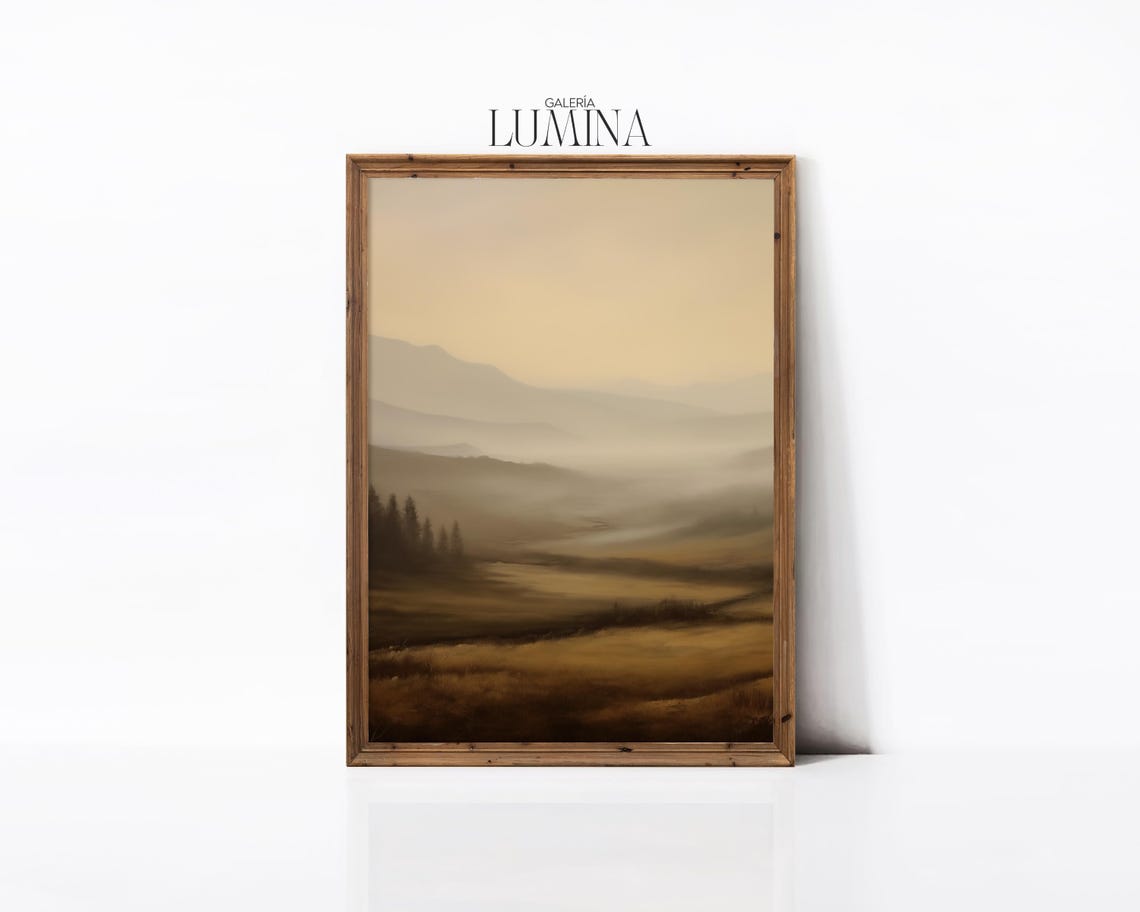 Foggy Valley Oil Painting Muted Earth Tones Landscape Painting Moody Atmosphere Rustic Scenery Print Art Frame Tv Art 749 - Image 2