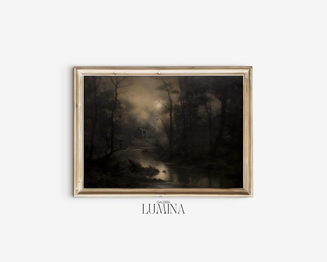 Dark Moody Midnight Forest Moonlight Landscape Oil Painting Poster - Image 2