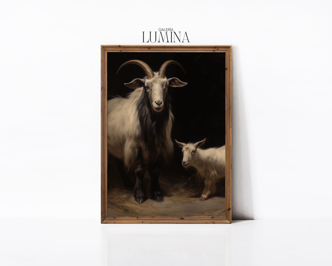 White Mother Goat with Kid Dark Rustic Animal Oil Painting Poster - Image 3