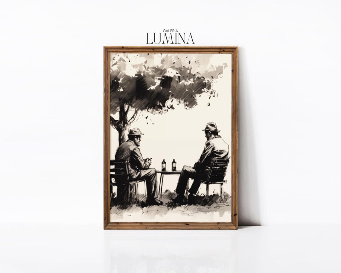 Two Old Friends Under a Tree Ink Sketch Friendship Drawing Poster - Image 3