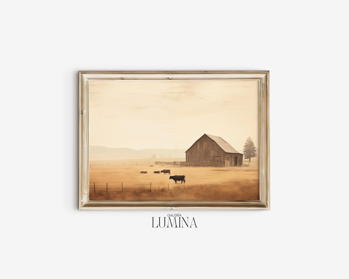 Vintage Rural Farm Oil Painting Minimalist Barn Painting Rustic Country Landscape Painting Cows Print Art Frame Tv Art 636 - Image 2