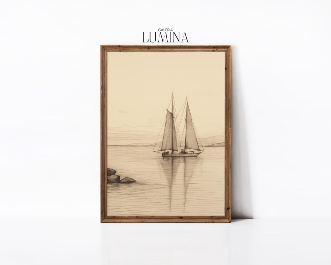 Vintage Sailboat Pencil Drawing Antique Muted Nautical Drawing Lake House Coastal Sailing Boat Print Art Frame Tv Art 453 - Image 3