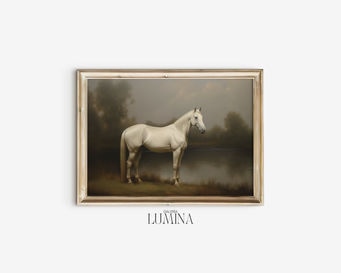 Antique White Horse Oil Painting, Rustic Farmhouse Art Print - Image 2