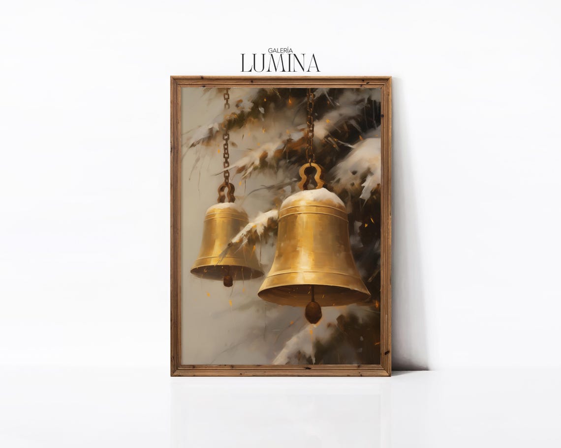 Two Brass Bells on Chains Hanging From Snowy Pine Branches Poster - Image 2